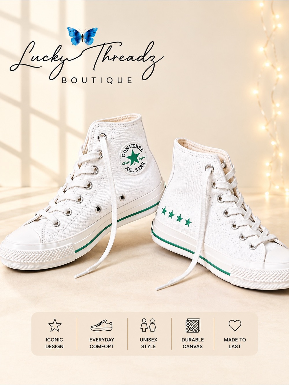 ⁠Converse Chuck 70 High Top Green Stars 170999C Vintage White Womens 5 Mens 3⁠